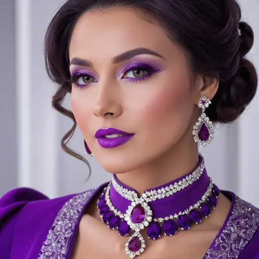 Prompt: lady in purple high class attire, facial closeup