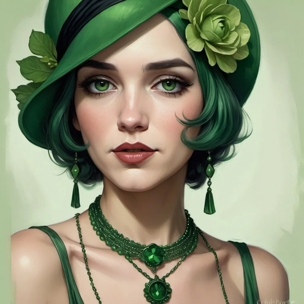 Prompt: a painting of 20's flapper wearing a green hat and necklace with a flower on it's head and a green necklace, Charlie Bowater, gothic art, highly detailed digital painting, an ultrafine detailed painting