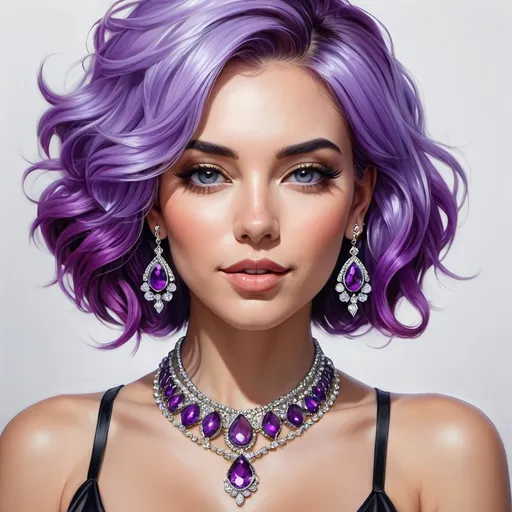 Prompt: a digital painting of a woman with purple hair and jewelry on her neck and chest, wearing a necklace and earrings, Artgerm, photorealism, highly detailed digital painting, a photorealistic painting