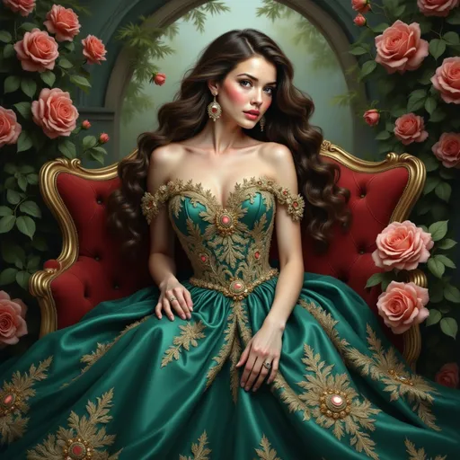 Prompt: Radiating elegance and beauty, the woman poses gracefully in a stunning emerald green gown adorned with intricate gold and jeweled detailing. Her long, voluminous dark hair cascades down in soft waves, framing her enchanting face, which features dramatic makeup accentuating her striking features, including bold red lips and piercing eyes. Surrounded by lush greenery and blooming roses in shades of pink and red, the scene is bathed in warm, inviting light, creating a romantic atmosphere. The arched backdrop complements the opulence of her attire, while her confident expression conveys a sense of poise and allure, inviting viewers into a world of elegance and sophistication.