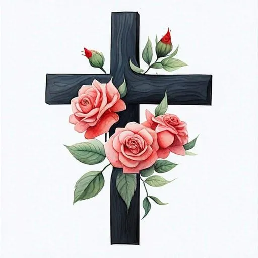 Prompt: A watercolor painting of a cross surrounded by red roses