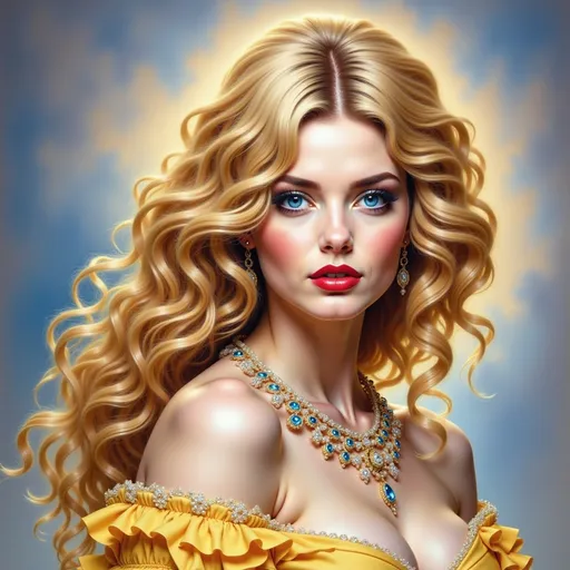 Prompt: a painting of a woman with long blonde hair wearing a yellow dress and necklace with a blue sky in the background, Edwin Georgi, photorealism, highly detailed digital painting, a photorealistic painting