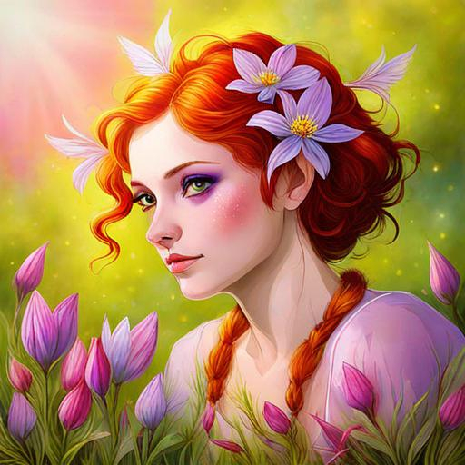 Prompt: a fairy of spring, ,wildflowers, vivid colors,  facial closeup