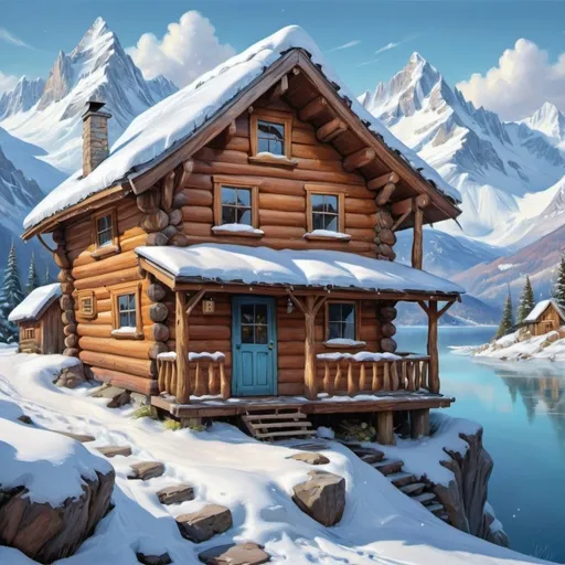 Prompt: a cabin in a snowy mountain landscape, oil painting, snow-capped peaks, serene winter scene, high quality, realistic, cool tones, soft lighting, peaceful atmosphere