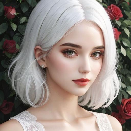 Prompt: A beautiful woman, white hair with roses