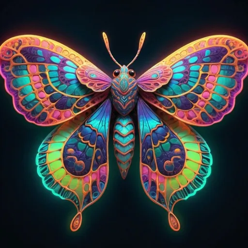 Prompt: Vibrant, colorful moth with intricate wing patterns, high quality, detailed, 3D rendering, surreal, neon colors, glowing bioluminescent markings, lush and vivid environment, mesmerizing, fantasy, iridescent, neon, detailed wings, surreal lighting