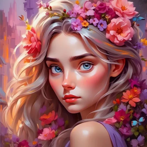 Prompt: <mymodel>Beautiful woman with flowers, oil painting, detailed fiery eyes, ethereal glow, dark and mysterious, high quality, vibrant colors, surreal, haunting, intricate floral details, intense gaze, mystical atmosphere, oil painting, demon, hybrid, fiery eyes, ethereal, vibrant colors, surreal, haunting, floral details, intense gaze, mystical atmosphere