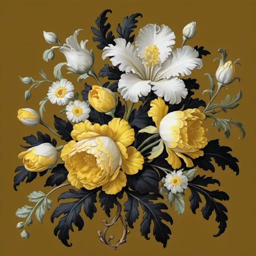 Prompt: a black background with yellow and white flowers on it's sides and leaves on the sides of the flowers, Annabel Kidston, rococo, highly detailed digital painting, a flemish Baroque