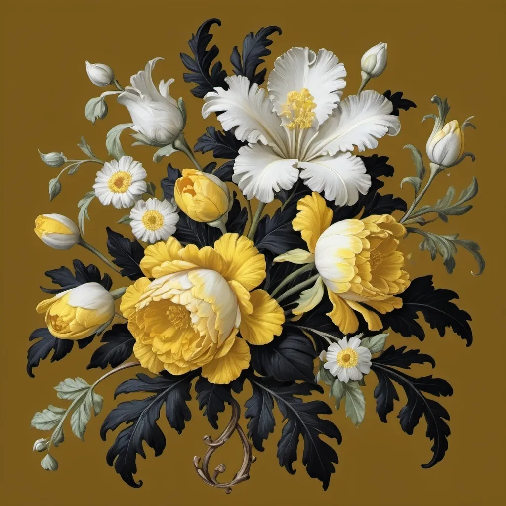 Prompt: a black background with yellow and white flowers on it's sides and leaves on the sides of the flowers, Annabel Kidston, rococo, highly detailed digital painting, a flemish Baroque