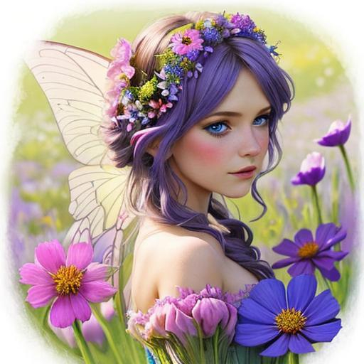 Prompt: a fairy of spring, ,wildflowers, vivid colors,  facial closeup