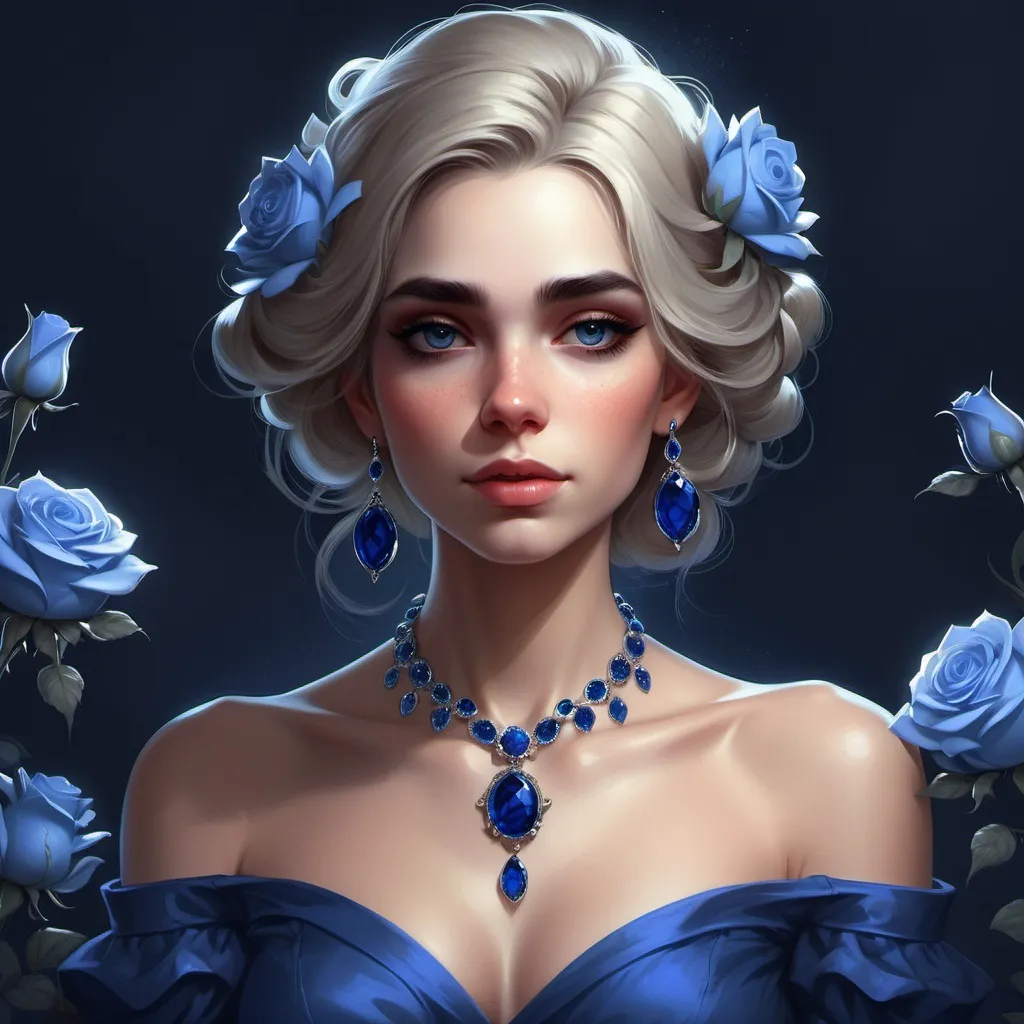 Prompt: a digital painting of a woman with blue roses in her hair and a  sapphire necklace on her neck and shoulder, Charlie Bowater, rococo, trending on art station, a 3D render