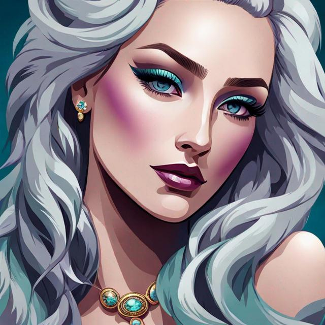 Prompt:  illustration of a young woman with beautiful silver hair, aqua and purple tones, elaborate jewelry, detailed makeup, colorful attire