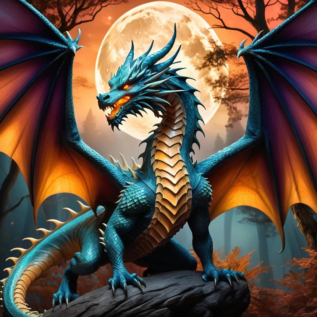 Prompt: Majestic dragon, intricate scales glistening under a full moon, wisps of smoke curling from nostrils, wings outstretched in an awe-inspiring pose, mystical forest backdrop illuminated by ethereal light, wonders of magical colors, magical atmosphere, fierce yet regal expression, ultra-detailed, high quality, vivid, dramatic lighting.