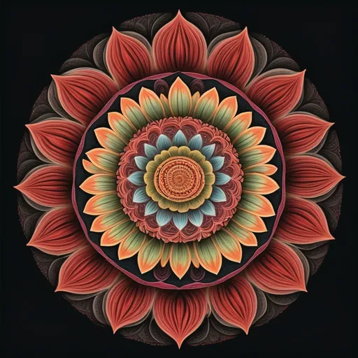 Prompt: a colorful flower with a black background and a red center on the center of the flower is a circular design, Amanda Sage, samikshavad, highly detailed digital painting, a detailed drawing