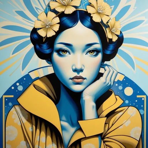 Prompt: a painting of a woman with a headpiece on her head and a yellow dress on her shoulders, with a blue background, Audrey Kawasaki, art deco, tristan eaton, an art deco painting