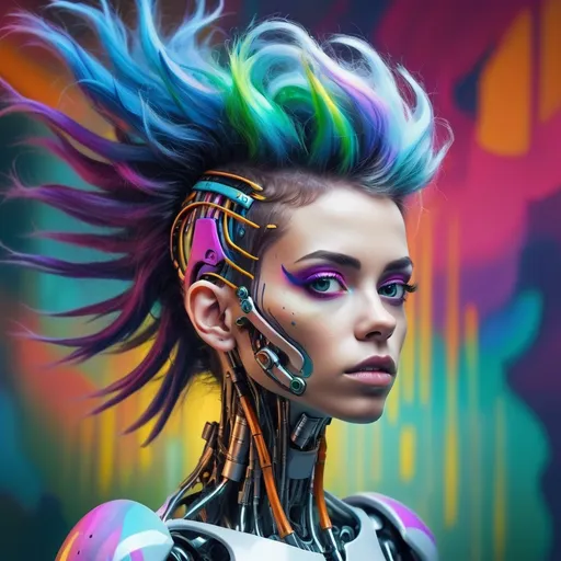 Prompt: a  cyborg woman with a weird hair and a colorful background