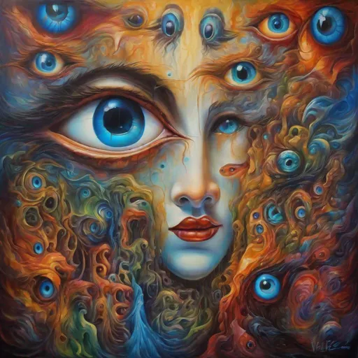 Prompt: Surreal painting of mysterious eyes, oil painting, dreamlike atmosphere, large canvas, vibrant and mesmerizing colors, intricate details, high quality, surrealism, oil painting, dreamlike atmosphere, vibrant colors, detailed eyes, large canvas, professional lighting