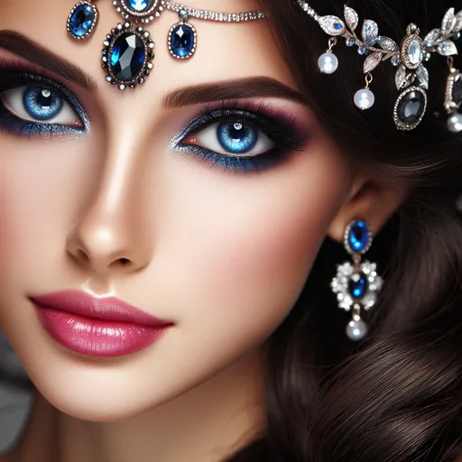 Prompt: <mymodel>a Sapphire lady, feminine elegant princess ,  dark hair, large blue eyes, wearing jewls in her hair,  beautiful makeup, blue eyeshadow, dark pink lipstick, facial closeup