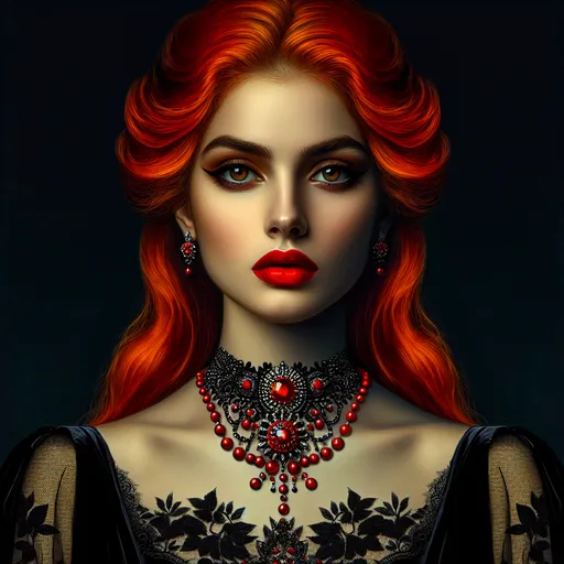 Prompt: a woman with red hair wearing a black dress and red lipstick and a necklace with red beads and jewels, Dirk Crabeth, gothic art, gothic, a photorealistic painting