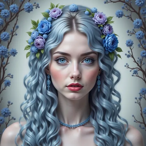 Prompt: a woman with long hair and flowers on her head, with blue hair and flowers in her hair, and a blue dress, Anna Dittmann, fantasy art, highly detailed digital painting, a digital painting