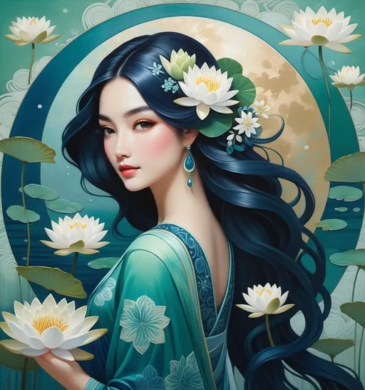 Prompt: A serene figure of a woman with flowing, dark blue hair captivates the viewer, adorned with a delicate white flower tucked beside her temple. She wears a vibrant dress that transitions through shades of teal and features intricate patterns of petals and shimmering tones, highlighting her graceful posture. The background is a swirling blend of greens and blues, punctuated by stylized water lilies in full bloom that provide a harmonious connection to the aquatic theme. Subtle circular motifs and a soft, glowing moon peeking in the upper right corner enhance the tranquil atmosphere, inviting a sense of calm and introspection in this beautifully crafted artwork. The overall composition radiates a peace that reflects the essence of nature intertwined with human beauty.