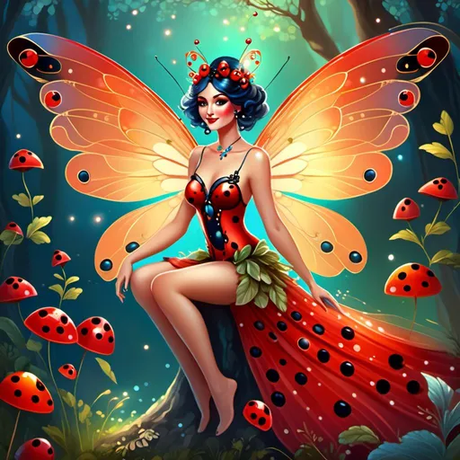 Prompt: Ladybug fairy goddess, digital illustration, serene woodland setting, intricate wings with holographic details, ethereal and magical vibe, vibrant and saturated colors, elegant and graceful pose, fine art quality, high resolution, fantasy, whimsical, holographic wings, magical, ethereal, vibrant colors, woodland, serene, elegant pose, fine art quality, detailed artwork<mymodel>