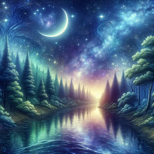 Prompt: a painting of a night sky with a crescent and stars above a river and trees with a moon in the sky, Chris LaBrooy, fantasy art, highly detailed digital painting, a detailed painting