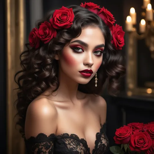 Prompt: Bathed in soft, warm light, a stunning woman captivates with her enchanting beauty, adorned with large, vibrant red roses nestled in her dark, luscious curls. Her flawless complexion is accentuated by bold makeup—deep red lips and dramatic eye makeup that draws attention to her expressive gaze. She wears an opulent black lace gown that elegantly frames her shoulders, adding a touch of mystery and sophistication. The backdrop is subtly blurred, allowing her striking features and elaborate jewelry, including sparkling earrings, to stand out, creating a glamorous, timeless portrait that exudes confidence and allure.