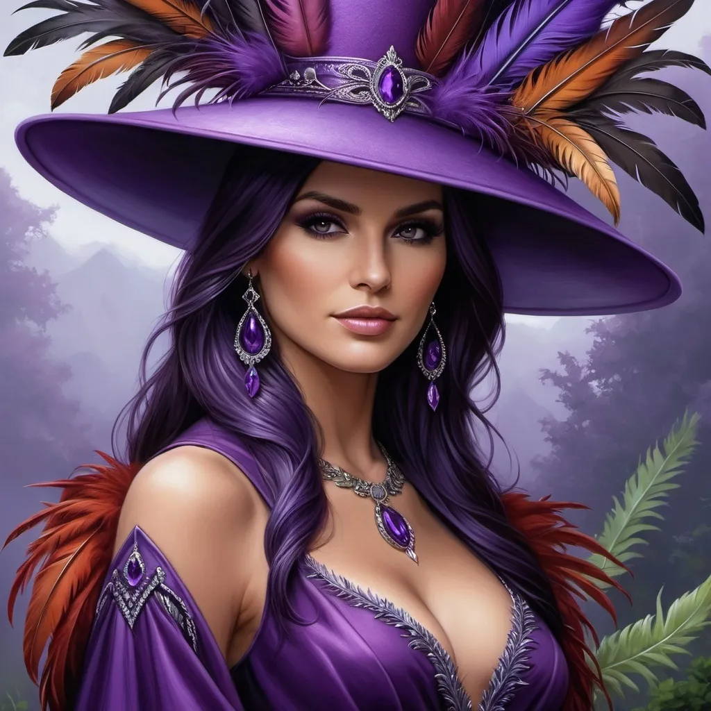 Prompt: a painting of a woman wearing a purple hat with feathers on it's brim and a purple dress, Anne Stokes, fantasy art, highly detailed digital painting, a detailed painting