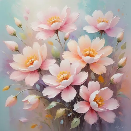 Prompt: <mymodel> Pastel-themed painting of flowers, oil painting, soft brush strokes, delicate petals, vibrant pastel colors, high quality, impressionism, soft color palette, natural lighting