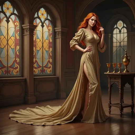 Prompt: This is a highly detailed, digital CGI image depicting a young woman standing in an opulent, medieval-style room. The woman has long, wavy red hair cascading down her back and over her shoulders. She has a fair complexion and a slender, elegant physique. She is wearing a form-fitting, long-sleeved, golden gown adorned with intricate, swirling patterns and a high slit on the left side, revealing her left leg. The gown has a long, flowing train that extends onto the wooden floor.

She stands with one hand resting on her hip and the other gently touching her hair, exuding confidence and grace. Her expression is calm and composed, with a slight, enigmatic smile.

The background features large, arched stained-glass windows with intricate, decorative designs in gold, blue, and red. The wooden walls and floor add a warm, rich texture to the room. To the right of the woman, there is a small, round wooden table with ornate carvings. On the table are two golden goblets and a matching ornate vase, adding to the luxurious ambiance. The overall style of the image combines elements of medieval fantasy and Gothic architecture, creating a rich, immersive scene.
