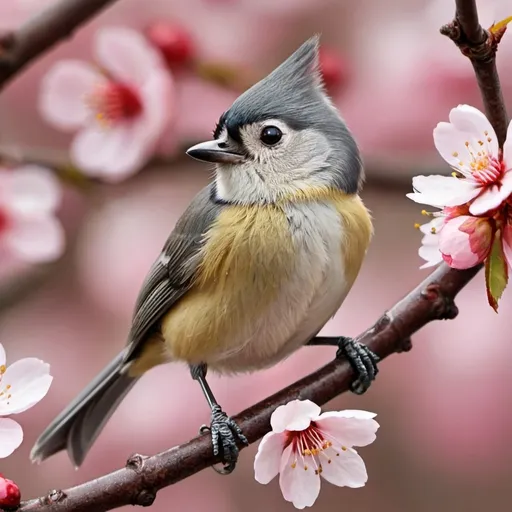 Prompt: A titmouse sitting on a cherry blossom branch