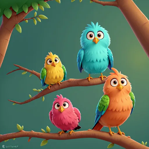 Prompt: Cartoon illustration of birds in a tree, vibrant colors, warm atmosphere, big expressive eyes, high quality, vibrant colors, cute cartoon, detailed fur, playful, whimsical, warm lighting