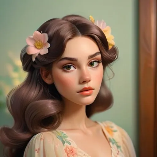 Prompt: brunette woman, very shiny hair, soft and dreamy, vintage aesthetic, pastel colors, flower in her hair, detailed features, warm lighting, high quality, pastel colors, vintage aesthetic, detailed hair, warm lighting