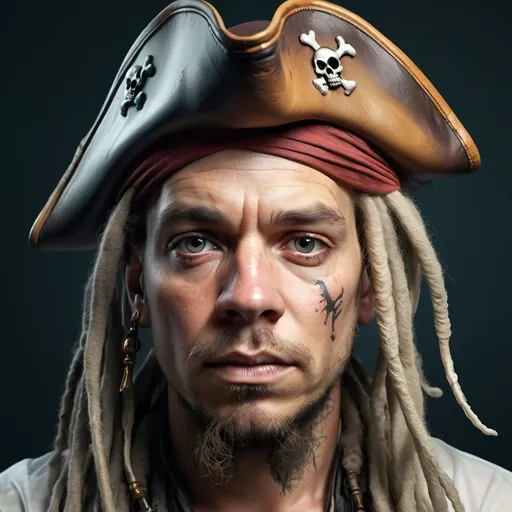 Prompt: a man with dreadlocks and a pirate hat on his head is looking at the camera with a serious look on his face, Alberto Seveso, photorealism, highly detailed digital painting, a character portrait