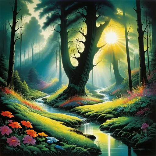 Prompt: a stream in a forest with trees and grass on both sides of it and a bright sun shining through the trees, bright bursts of colorful flowers.  Eyvind Earle, magic realism, fantasy artwork, an airbrush painting