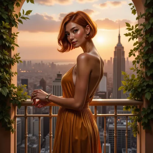 Prompt: A woman in a flowing gold dress, standing gracefully on an elegant balcony, overlooking a sprawling cityscape bathed in the warm glow of the sunset. The skyline reveals towering buildings and twinkling lights, evoking a sense of serenity and grandeur. Lush greenery frames the balcony, enhancing the romantic ambiance. The scene is captured in ultra-detailed, cinematic quality, exuding sophistication and beauty.