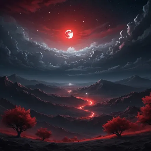 Prompt: masterpiece, 4k, hd , detailed, art , digital art, digital illustration, Crecent moon red glow, Night sky with stars