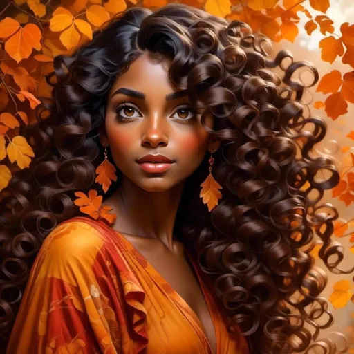 Prompt: <mymodel>Woman with dark skin, warm autumn colors, facial closeup