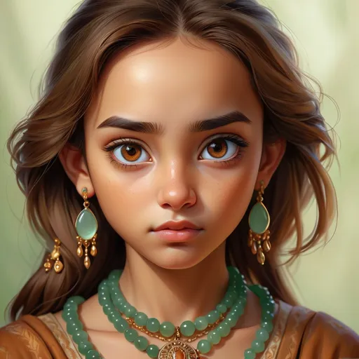 Prompt: Detailed realistic digital portrait of a young girl, brown eyes, jade jewelry, high quality, realistic, detailed eyes, digital art, natural lighting, warm tones