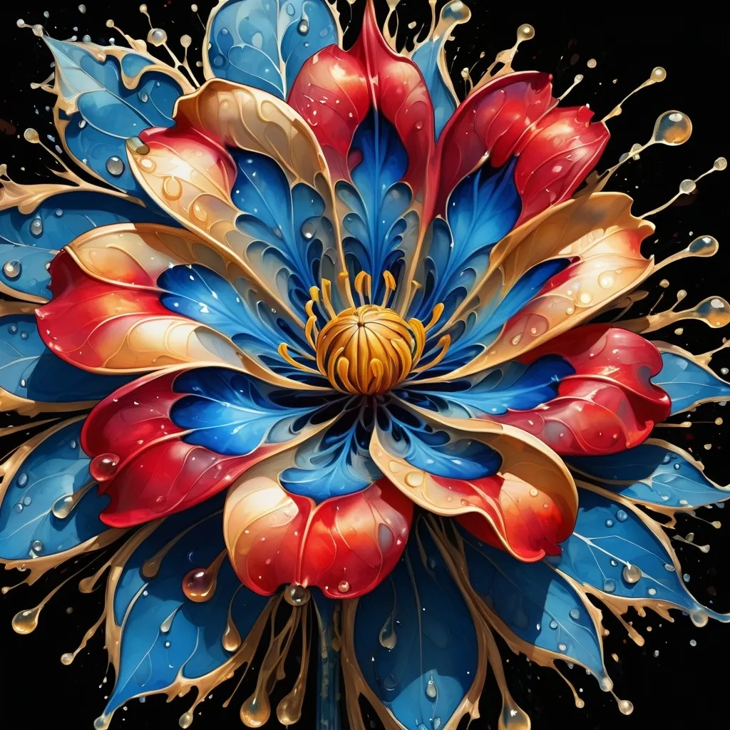 Prompt: digital watercolor painting, a painting of a blue and gold flower with drops of water on it's petals and leaves on the petals, Android Jones, generative art, fractals, an airbrush painting, paint splatter, black and red, bold brush strokes, art nouveau