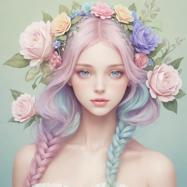 Prompt: Beautiful creation, woman with flowers in her hair, pastel colors