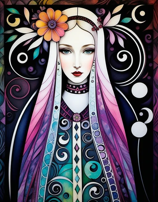 Prompt: Abstract encaustic texture, gradient inking colors, Jessica Galbreth, Irmgard Schoendorf Welch, Javier Mariscal, Charles Rennie Mackintosh, Lee Mullican style, a beautiful whimsical young woman, wonderland, decoupage.