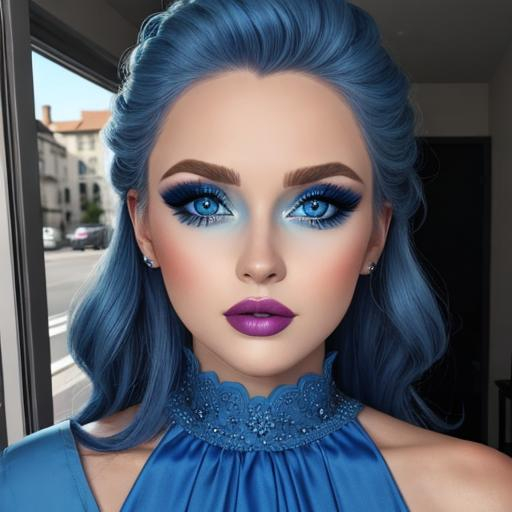 Prompt: A woman all in blue, blue eyes, pretty makeup