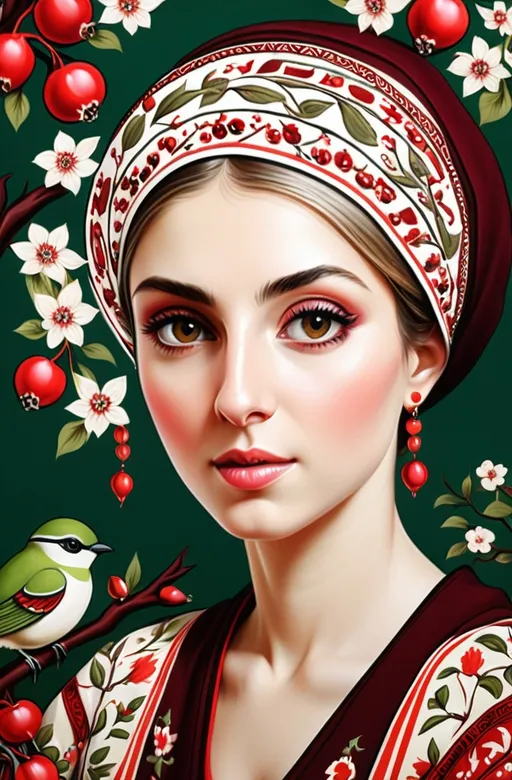 Prompt: A colorful design in the dimensions of 140centimeteres by 140 centimeters. It's main theme is red and white. There are pomegranates and cherry blossoms. with some green leaves and branches. It has some birds. Traditional Iranian style