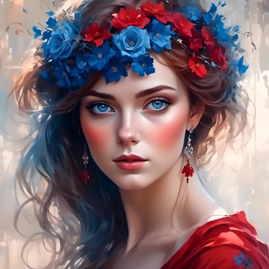 Prompt: A lady in red, blue eyes, Auburn hair, facial closeup<mymodel>