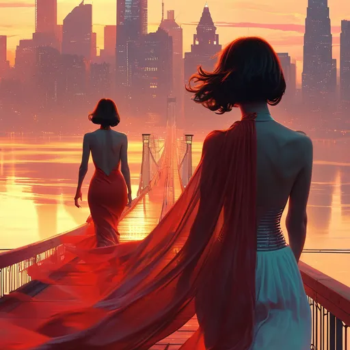 Prompt: a woman in a red dress walking across a bridge in front of a city skyline with skyscrapers at sunset, Alena Aenami, retrofuturism, synthwave style, cyberpunk art