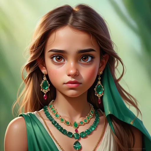 Prompt: Detailed realistic digital portrait of a young girl, brown eyes, ruby and emerald jewelry