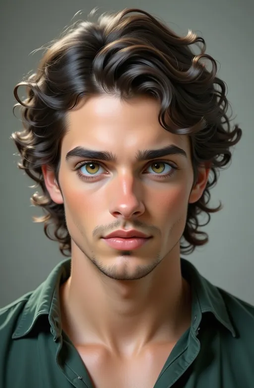 Prompt: A young man with tousled dark hair and striking green eyes presents an alluring yet calm demeanor, exuding both confidence and warmth. His slightly parted lips and relaxed expression hint at a thoughtful mindset, while the deep green shirt he wears adds to his overall charm, harmonizing well with the neutral background that keeps the focus squarely on him. The soft, diffused lighting creates gentle shadows across his face, highlighting the definition of his cheekbones and jawline, enhancing his youthful features. The composition captures a sense of intimacy, drawing the viewer into a moment that's simultaneously personal and universally relatable, conveying an atmosphere of quiet introspection.