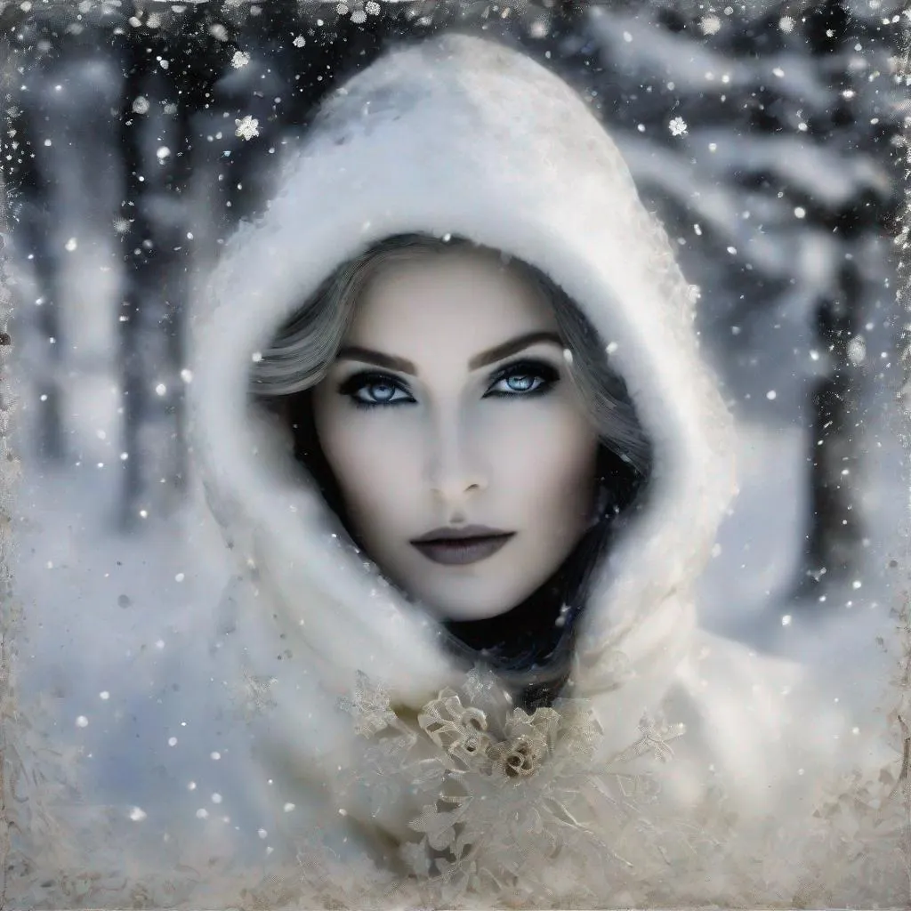 Prompt: photonegative refractograph polkadot haute couture, mysterious ghostly lady of the snowy forest, snowy scene, encaustic Painting, decoupage,facial closeup